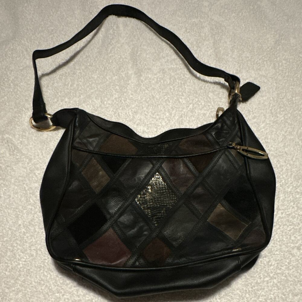 Cabin Creek Geometric Patchwork Shoulder Bag Black/Brown Gold Hardware Zip Lined